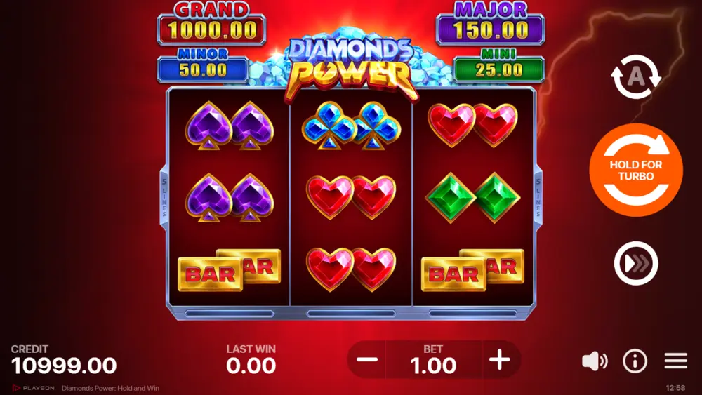 Diamonds Power base game grid with classic Vegas symbols and the bet panel